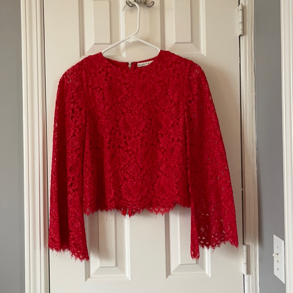 Alice +Olivia red lace crop top with bell sleeves